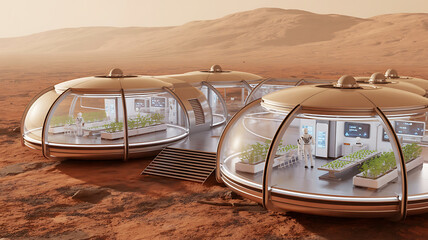 Futuristic biodomes with astronauts tending plants on a red planet landscape space colony