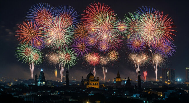 Fireworks lighting up the night sky above an Indian city silhouette.