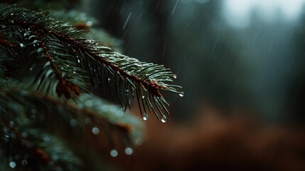 Raindrops on pine needles a close-up shot of nature capturing the essence of a rainy day in the forest