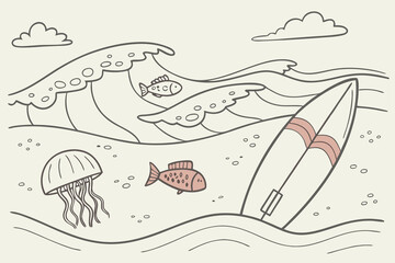 Fototapeta premium Hand drawn doodle beach, wave and surf vector drawing set. Tropical coastal illustrations like palm trees, waves, surfboards, and sun perfect for summer designs, t-shirts prints, posters, and placards