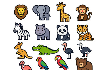 Naklejka premium Cute cartoon animal collection: lion, elephant, giraffe, zebra, more