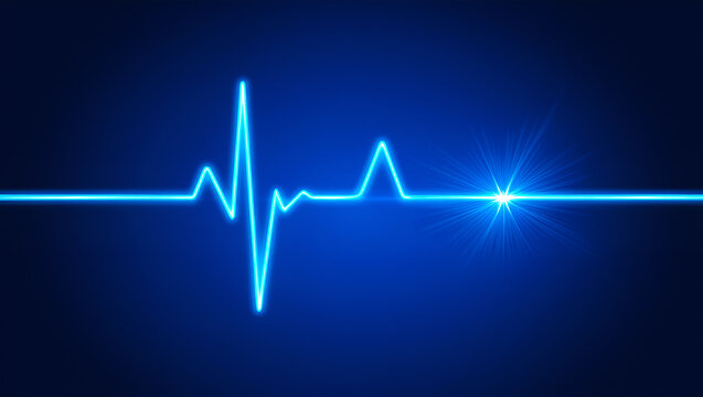 Electric blue heartbeat line glowing against deep blue background cardiogram pulse