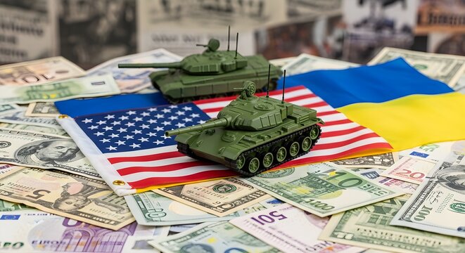 Two toy tanks stand on American and Ukrainian flags atop a bed of US dollar bills, symbolizing military aid, geopolitical conflict, financial support, and the complex dynamics between the USA and Ukra
