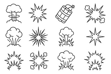 Collection of line art explosion icons featuring bursts and dynamite symbols