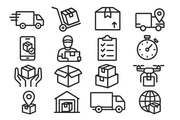 Logistics and delivery icons set featuring packages, trucks, and warehouse elements