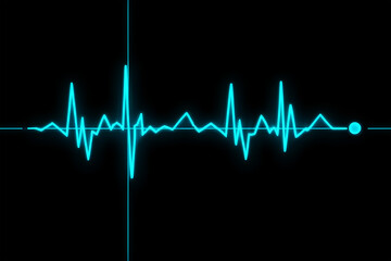 Cyan electrocardiogram waveform on black background blue neon