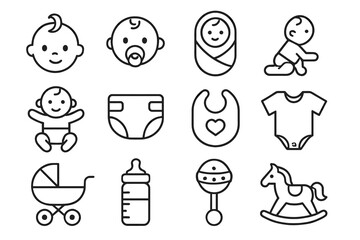 Fototapeta premium Baby care essentials: icons of infant activities and nursery items