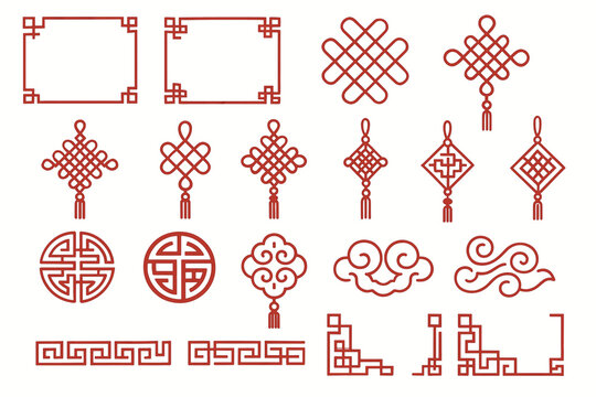 Traditional chinese knot designs and decorative patterns in red