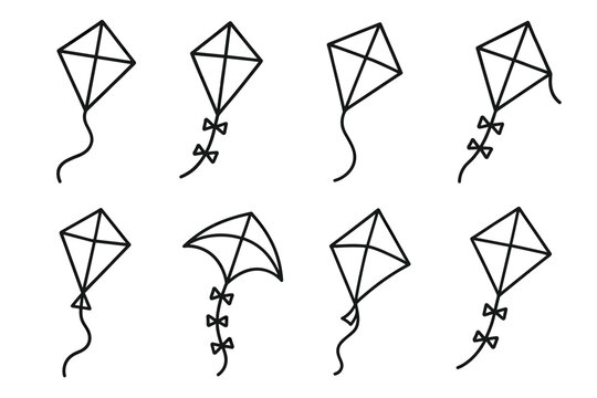 Set of eight simple kite designs with tails in black and white line art