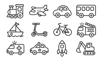Illustrated line art of transportation toys for toddlers: vehicles, airplane, train, bicycle