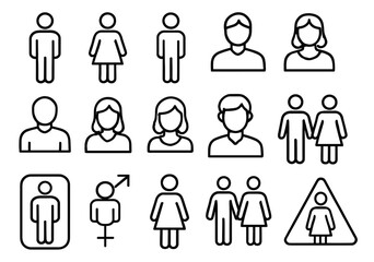 Simple line art icons of male and female figures and symbols