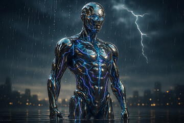 Fototapeta premium Muscular metallic android with blue energy veins in stormy city water robot human