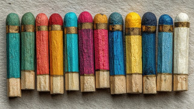 Close up of colorful vintage erasers with paper wrappers and wood tops on a faded paper surface creating a nostalgic artistic display