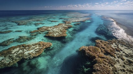 A breathtaking aerial view of vibrant coral reefs stretching across a turquoise ocean, showcasing the intricate formations and vivid colors of marine life.