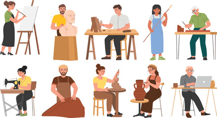 Obraz premium Creative people painting, sculpting, woodworking, sewing, pottery, leather crafting, digital art, handmade crafts, artistic hobbies, teamwork, colorful workspace, skillful artisans