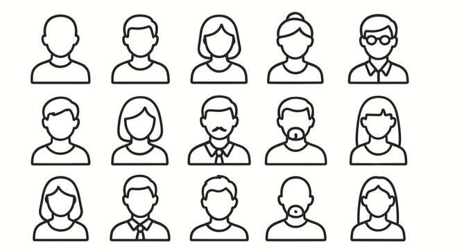 Diverse line art avatars - male and female characters with various hairstyles and accessories