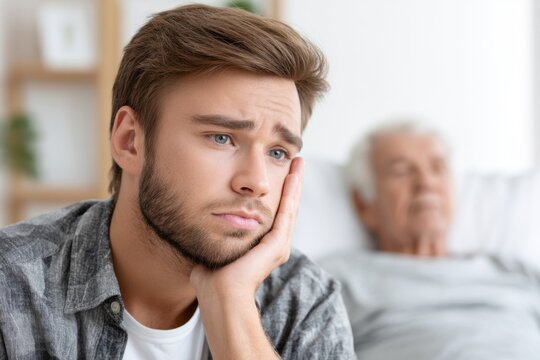 A concerned young man with a beard and blue eyes, hand on his face, looks distressed while an elderly person is blurred in the background.