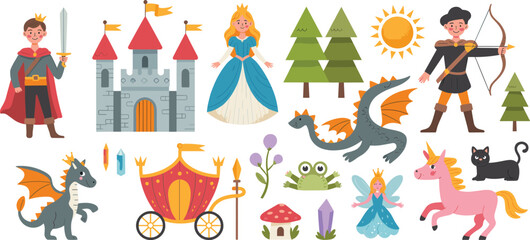 Fairy tale fantasy characters set, castle dragon unicorn princess prince, magical storybook vector illustration design