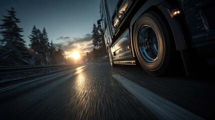 Truck driving on a wet road at sunset motion blur representing transportation and logistics