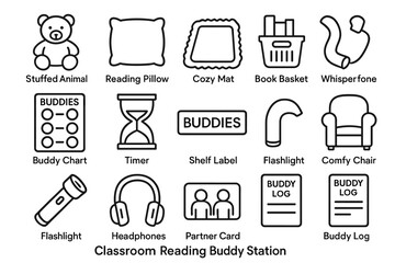 Educational tools for classroom reading buddy station: icons for learning and organization