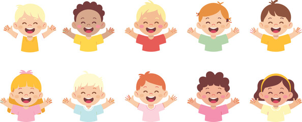 Happy diverse children, cartoon kids, smiling faces, colorful clothes, joyful expressions, playful characters, inclusive childhood illustration