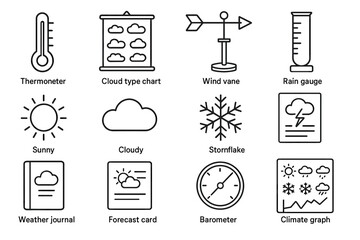Weather instruments and symbols: thermometer, wind vane, rain gauge, cloudy, snowflake, sunny