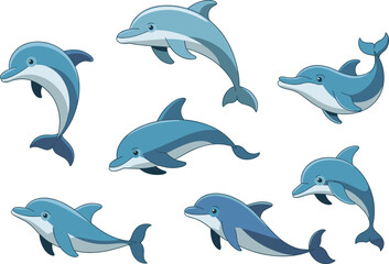 Playful cartoon dolphins in various swimming and jumping poses – cad drawing flat vector illustration vectorizer