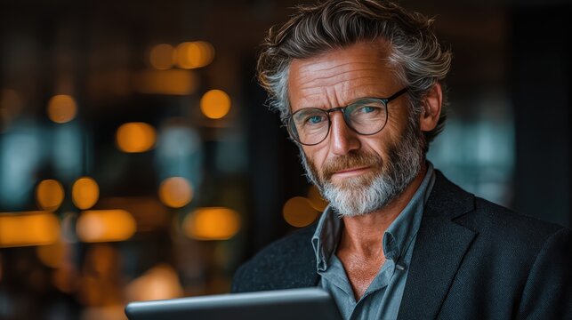 Mature businessman using tablet computer indoors during evening, wearing jacket and glasses looking down