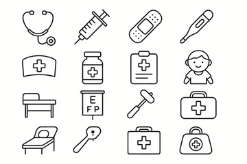 Medical icons: stethoscope, syringe, bandage, thermometer, nurse, child, bed, eye chart, hammer, first aid kits