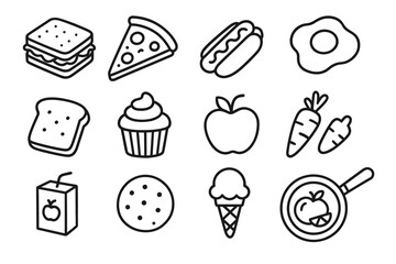 Line art: sandwich, pizza, hot dog, fried egg, toast, cupcake, apple, carrots, juice, cookie, ice cream, skillet