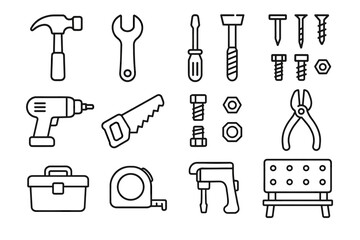 Collection of various hand and power tools outlined in black and white clipart