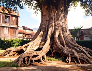 Ancient tree roots, buildings, landscape