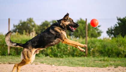 German Shepherd dog leaping for red ball