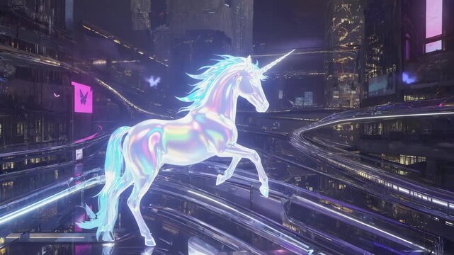 Holographic unicorn with iridescent texture prancing amidst futuristic cityscape at night, embodying magic, innovation, and dreams in a technologically advanced world