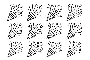 Festive black-outline party popper pattern with confetti and stars