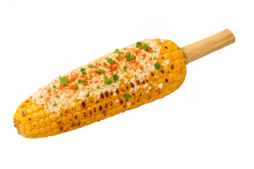 Grilled corn on the cob with chili powder, cotija cheese, and cilantro on transparent background