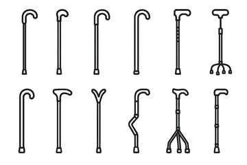 Naklejka premium Various walking canes and mobility aids line art collection