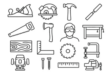 Fototapeta premium Woodworking tool collection: saw, hammer, axe, clamp, ruler, goggles, male