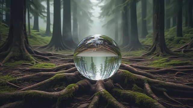 Crystal ball sits on mossy tree roots in a foggy forest, reflecting the surrounding trees and creating a mysterious and magical atmosphere