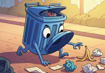 Animated Blue Trash Can Character Disposing of Waste on a Street for Environmental Campaigns, Recycling Awareness, and Educational Content  