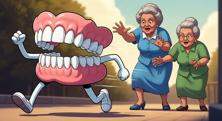 Cartoon Teeth Running Away with Two Surprise Grandmothers in a Whimsical Outdoor Setting for Humorous Blogs, Social Media Content, and Creative Marketing Campaigns  