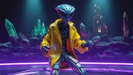 Futuristic alien hip-hop dancer wearing a yellow jacket is performing on a neon-lit stage with crystals and rocks, showcasing an otherworldly performance - Powered by Adobe