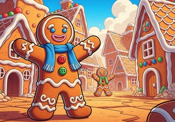 Gingerbread Man Character with Colorful Decorations in Festive Candy Village for Holiday Cards, Children's Books, Seasonal Decor, and Festive Content Creation  