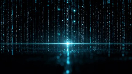 Dark abstract space with glowing blue futuristic characters raining in vertical lines, Matrix-inspired. A horizontal glitch cuts across the center, creating a bright cinematic lens flare.
 - Powered by Adobe