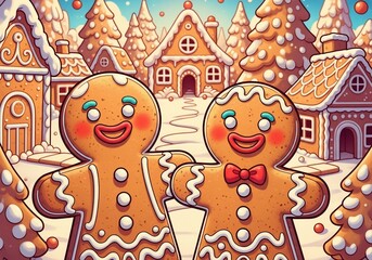 Cheerful Gingerbread Cookies in Winter Wonderland with Snowy Trees and Gingerbread Houses for Holiday Cards, Seasonal Decor, and Festive Celebrations  