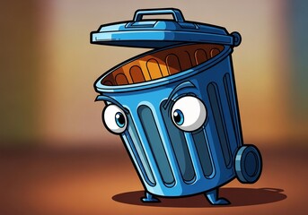 Cartoon Trash Bin Character with Expressive Eyes on a Colorful Background for Children's Education, Awareness Campaigns, and Environmental Blogs  
