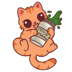 Cute Matcha Lover Cat, Happy Tabby Kitten with Tea Drink