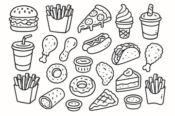 Black and white line art of fast food items: burgers, fries, pizza, ice cream, drinks, hot dog