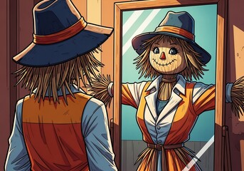 Scarecrow Looking in Mirror with Cheerful Expression in Colorful Farmhouse Setting for Illustrations, Seasonal Decor, Halloween Themes, and Creative Content  