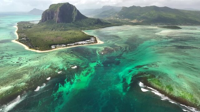 Le Morne Brabant mountain with beautiful lagoon and underwater waterfall illusion, Mauritius island